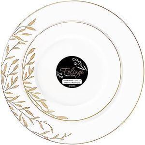 PLASTICPRO 32 Pack Elegant Disposable Plastic Plates Combo Set Includes 16 Dinner Plates and 16 Salad Plates Heavy Duty Fancy Party Plates White & Gold Flower Design