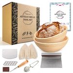 Grehge Inch Round Bread Proofing Basket 9pcs Set with Making tools and Supplies Includes Mesh Sifter Baking Wicker Bowl Cloth Liner Stainless Steel Scraper Lame and Recipe Manual (9pcs Rattan Banneton )