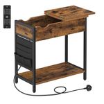 VASAGLE Slim Side Table with Charging Station, Narrow Bedside Table with Storage, End Table with USB Ports, Outlets, Fabric Bags, for Living Room, Bedroom, Rustic Brown and Black LET309B01