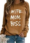 FLITAY Ladies Comfy Funny Letter Fashion Long Sleeve Vintage Pullover Casual Crew Neck Oversized Wife Mom Boss Sweatshirt Camel M