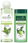 Biotique Bio Green Apple Fresh Daily Purifying Shampoo and Conditioner for Oily Scalp and Hair, 180m And Biotique Basil & Parsley Body Wash, Transparent, 200 ml