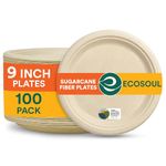 ECO SOUL 100% Compostable 9 Inch Paper Plates [100-Pack] Disposable Party Plates I Heavy Duty Eco-Friendly Dinner Plates I Biodegradable Unbleached Sugarcane Eco Plates