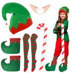 Landifor 5 pcs Christmas Elf Costume Accessories Santa Helper Costume Elf Hat Shoe Cover Striped Stocking Pixie Ears with Inflatable Candy Cane Gift for Kid Teen Jingle Bell Xmas Winter New Year Eve