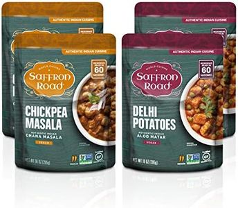 Saffron Road Ready to Eat Microwaveable Meal Pouch - Variety 4 Pack, 2 of Each Flavor 10 Oz Each - Chickpea Masala & Delhi Potatoes, Vegan, Gluten-Free, Non-GMO, Authentic Meals with Protein, Fiber