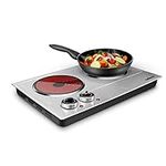CUSIMAX 1800W Ceramic Electric Hot Plate for Cooking, Dual Control Infrared Cooktop, Double Burner, Portable Countertop Burner, Glass Plate Electric Cooktop, Silver, Stainless Steel-Upgraded Version