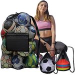 Daily Treasures 3Pack Soccer Ball Bag,Large Heavy-Duty Football Mesh Bag with Side Zip Pocket+2 Marker Cones Bags,Drawstring & Shoulder Strap for Sports, Beach,Swimming Gear and Clothes(12-15 Balls)