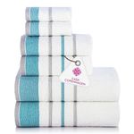 Casa Copenhagen White Bay 600 GSM Egyptian Cotton Towel for Hotel Spa Kitchen Bathroom, Set of 6, 2Bath, 2Hands, 2Washcloths - White with Teal and Grey Border