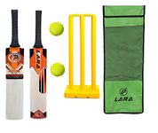 LARA Wooden Bat with Plastic Stump Set Cricket Kit Set Bat for Kids and Youth Playing Set All Age Group of Kids (1 Bat, 1 Stump Set, 2 Ball with Cover) (Size 4 for Age Group 9-11 Years)