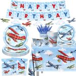 142pcs Airplane Birthday Party Decorations Airplane Party Tableware Supplies Airplane Blue Sky White Disposable Plates,Tablecloth,Napkins,Cups,Banner Forks and Knives For Kids Favors Serve 20 Guests