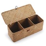 DECRAFTS Seagrass Storage Basket with Lid Small Woven Shelf Baskets Rectangular with Sections for Organize Snack Toys Tampon