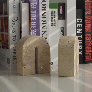 Natural Travertine Book Ends Decorative - Heavy Duty Bookends for Shelves - Solid Marble Bookends for Shelves Decorative