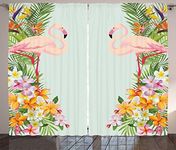 Ambesonne Floral Curtains, Flamingo Birds and Tropical Flowers Exotic Hawaiian Wildlife Animals Print, Living Room Bedroom Window Drapes 2 Panel Set, 108" X 84", Pale Mint Green