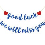 Good Luck We Will Miss You Banner for Farewell Party, Pre-strung Going Away Party Decorations for Graduation Party and Retirement Party, Dark Blue Glitter