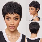 Fereowth Short Human Hair Wigs for Women Pixie Cut Wigs Short Straight Boy Cut Ladies Wigs (Black)