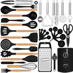 Silicone Cooking Utensils Set - 446°F Heat Resistant Silicone Kitchen Utensils for Cooking, Kitchen Utensil Spatula Set w Wooden Handles and Holder, BPA Free Gadgets for Non-Stick Cookware (Black)