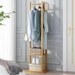 Lukzer Multifunctional Free Standing Bamboo Wooden Rectangular Stand | Clothes Rack with Hanging Rail & 2 Shelves | Aesthetic Household Floor Rack | 3 Hanger Hooks and Pants Hanger