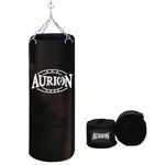 Aurion by 10 Club 4 Feet Synthetic Leather Filled Punching Bag Combo | Boxing Punching Bag with Boxing Hand Wrap & Hanging Chain | Boxing | MMA | Muay Thai | Kickboxing |Taekwondo - Black 4 Feet