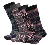 Sock Stack Ladies Design Ski Wellington Boot Socks 4 Pairs Womens Cotton Rich Walking Hiking Fair Isle Nordic Patterns High Knee Long Thermal Socks, UK 4-7