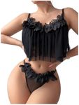 OYOANGLE Women's 2 Piece Lingerie Babydoll Floral Appliques Sheer Mesh Bra and Low Rise Thong Set Black Large