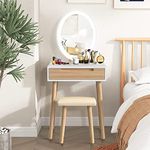 YOURLITE Makeup Vanity Dressing Table Mirror Cosmetic Vanity Dressing Cabinet with Stool Dresser with LED Mirror, Wood Color, 1 Drawer