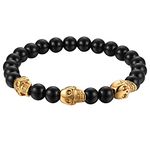 Cupimatch Stainless Steel Skull Bracelet Mens Skull Bracelet 8mm Buddha Black Beads Stretch Gothic Jewelry (Gold)