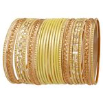 New! Touchstone Colorful 2 Dozen Bangle Collection Indian Bollywood Alloy Metal Textured Lemon Color Designer Jewelry Bangle Bracelets Set of 24 in Antique Gold Tone for Women.