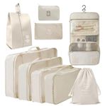 9 Set Packing Cubes, Compression Storage Travel Organizers, with Luggage Clothes Storage Bags, Toiletry Bag, Shoe Bag, Underwear Bag, Laundry Bag, Sock Bag, Cable Bag (Beige)