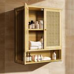 unho Bathroom Wall Cabinet: Wooden Storage Cupboard with 2 Rattan Doors and Open Shelf, Wall Mounted Medicine Cabinet Unit Kitchen Shelf for Laundry, Kitchen, Living Room and Hallway, 59x20.5x66.5cm