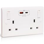 Double Wall Socket with USB C Port 20W Fast Charging Standard UK Plug Socket 13 Amp 2 Gang White