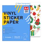 Ruibytree Printable Clear Vinyl Sticker Paper for Inkjet Printer - A4 Size (297 x 210 mm) Transparent DIY Self-Adhesive Sticker Compatible with Cricut, Dries Quickly Vivid Colors (30 Sheets)