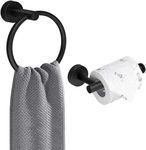 AMMIY Toilet Paper Holder Hand Towel Ring, Stainless Steel Tissue Paper Roll Holder Dispenser Wall Mount Bathroom Hardware Accessories 2 Pieces Set, Matte Black