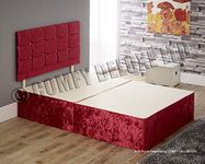 Divan Bed Single Double King Size Super King Base with Cube HEADBOARD in Crushed Velvet (3FT - 2 Drawer, RED)