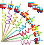 24 Pack Train Theme Shaped Straws Reusable Plastic Straws Drink Cocktail Straws with Cartoon Decoration Kids Train Party Supplies Birthday Party Favors with 2 Cleaning Brushes