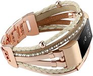 Posh Leather Band Compatible with Fitbit Charge 2 Bands, Boho Handmade Bracelet Multilayer Wrap Layered Wristbands Compatible for Women (Khaki with Rose Gold)