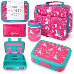 Bento Box with Thermal, Stainless Steel Food Jar for Hot-Cold Food or Soup, Insulated Lunch Bag Ice Pack Set for Kids or Toddlers. Ages 3 to 7, Pink Unicorn