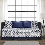 Lush Decor Navy and White Edward Trellis Patterned Daybed Cover Set Includes Bed Skirt, Pillow Shams and Cases, 75" X 39", 6 Piece