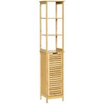 kleankin Bathroom Floor Cabinet with 3 Shelves and Cupboard, Slim and Freestanding Linen Tower with Storage, Natural