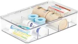 mDesign Plastic Divided First Aid Storage Box Kit with Hinge Lid for Bathroom, Cabinet, Closet - Organize Medicine, Ointments, Adhesive Bandages - 5 Sections, Ligne Collection, Clear