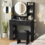 DWVO Makeup Vanity Desk with LED Lighted Mirror, Black Vanity Set with Charger Station, Small Spaces Vanity Table with for Bedroom, Adjustable 3 Lighting Modes, Makeup Table with Chair Gift for Girl