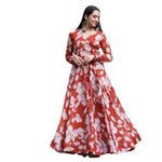 BLACK SCISSOR Red&White Coloured Printed Georgette Stitched Flared/A-line Gown for Beautiful Lady||Floral Dress||