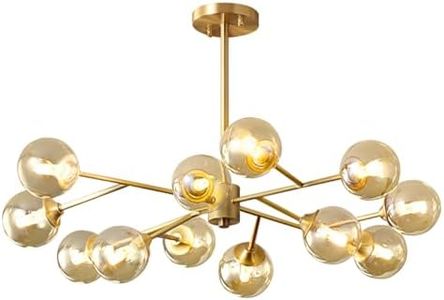 Pobllem Gold Chandelier for Dining Room, 12-Light Sputnik Chandelier with Amber Glass Globe, Mid Century Modern Brass Chandeliers Pendant Lighting for Living Room Kitchen Island
