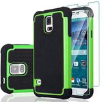 Galaxy S5 Case, Galaxy S5 Case with [2 Pack] Tempered Glass Screen Protector, Shockproof Defender Armor Protective Dual Layer Hybrid TPU Plastic Rugged Case for Samsugng Galaxy S5 - Green