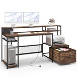 COSTWAY 170CM Home Office Computer Desk, Wooden Study Table Writing Workstation with Monitor Stand, Storage Shelves, Power Outlets & USB Ports, Large PC Laptop Table Gaming Desk