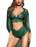 RSLOVE Sexy Lingerie for Women Lace Lingerie Set with Mesh Robe 3 Piece Set Sleepwear Nightwear Green Medium