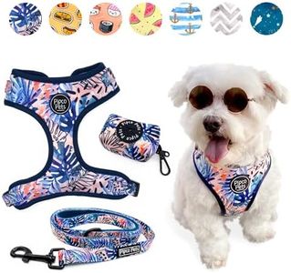 3-Piece Walkies Bundle [Pipco Pets] - Adjustable Dog Harness + Lead + Poo Bag Dispenser | Cute Colourful Patterns | Perfect Fit, Escape Proof Vest | Safe and Secure | (XS, Tropic Fronds)