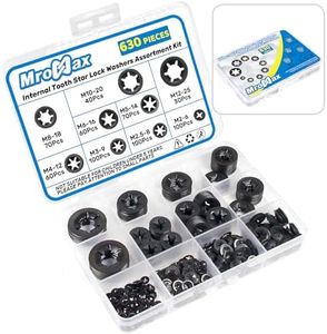 MroMax 630Pcs Internal Tooth Star Lock Washers 9 Sizes Quick Speed Locking Washers Assortment Kit 65Mn Steel Push on Retaining Clips Fasteners Black Oxide Finish M2 M2.5 M3 M4 M5 M6 M8 M10 M12