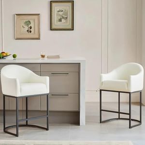XLSLHOMW Counter Height Bar Stools Set of 2, 26" H Modern Barrel Stools with Arms & Backrest, PU Upholstered Kitchen Island Chairs, Black Metal Frame (Barrel- Beige Faux Leather)