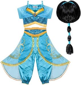 Tacobear Vestito Jasmine Bambina con Parrucca Principessa Jasmine Costume Ragazze Principessa Abiti Partito per Halloween Cosplay Festa (5-6 Anni)