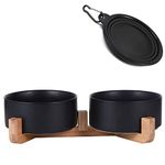 Petygooing Dog Bowls,Black Ceramic Cat Dog Feeder Set with Wood Stand for Food and Water,Non-Slip Weighted Cute Modern Pet Dishes for Cats & Small Dogs (13.5OZ/5.1 in)