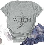 SUPEYA Women Halloween Tops Theres A Little Witch in All of Us Practical Magic Quotes Witch Shirt, Grey, Medium